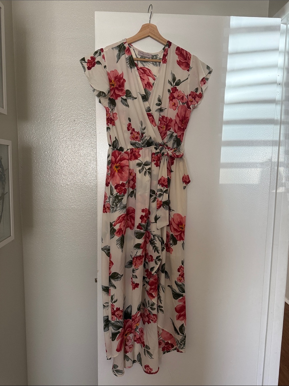 Cream Floral Wrap Maxi Dress with Red Bloom Print